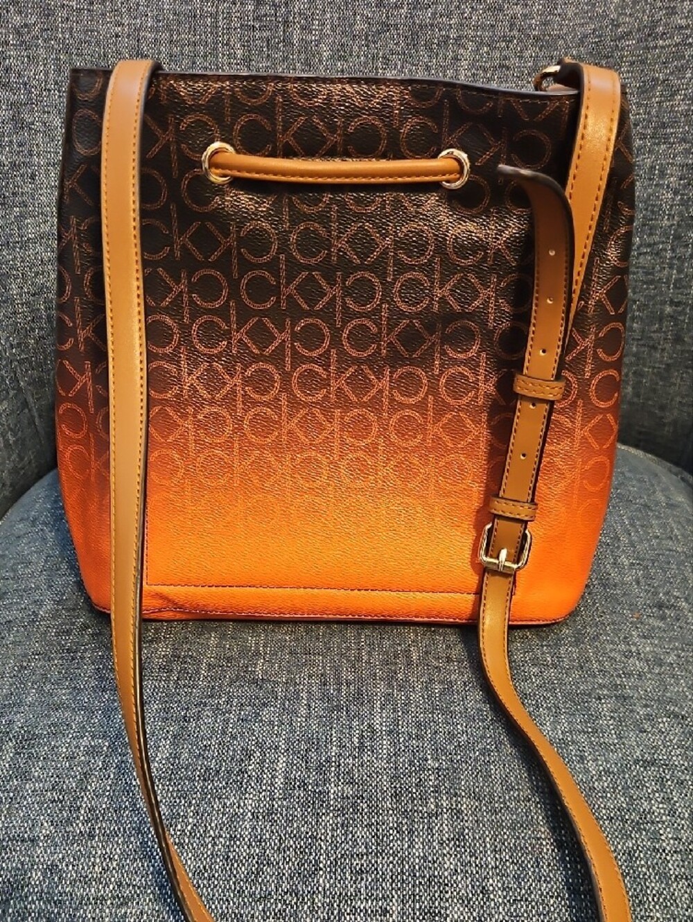 Calvin Klein Brown & Orange Gradient Monogram Drawstring Crossbody Bag - Picture 7 of 8
